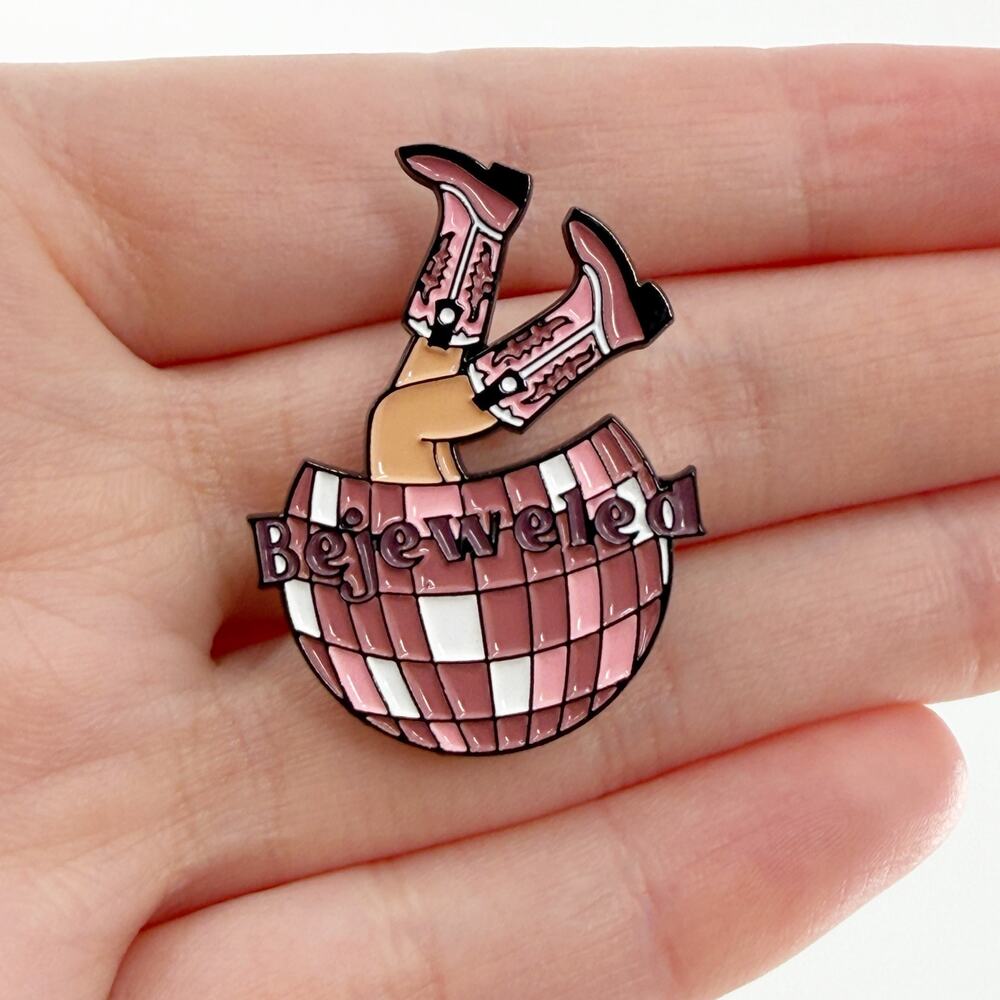 Bejeweled Disco Ball Cowgirl Boots Enamel Pin Pink Western Funny Badge